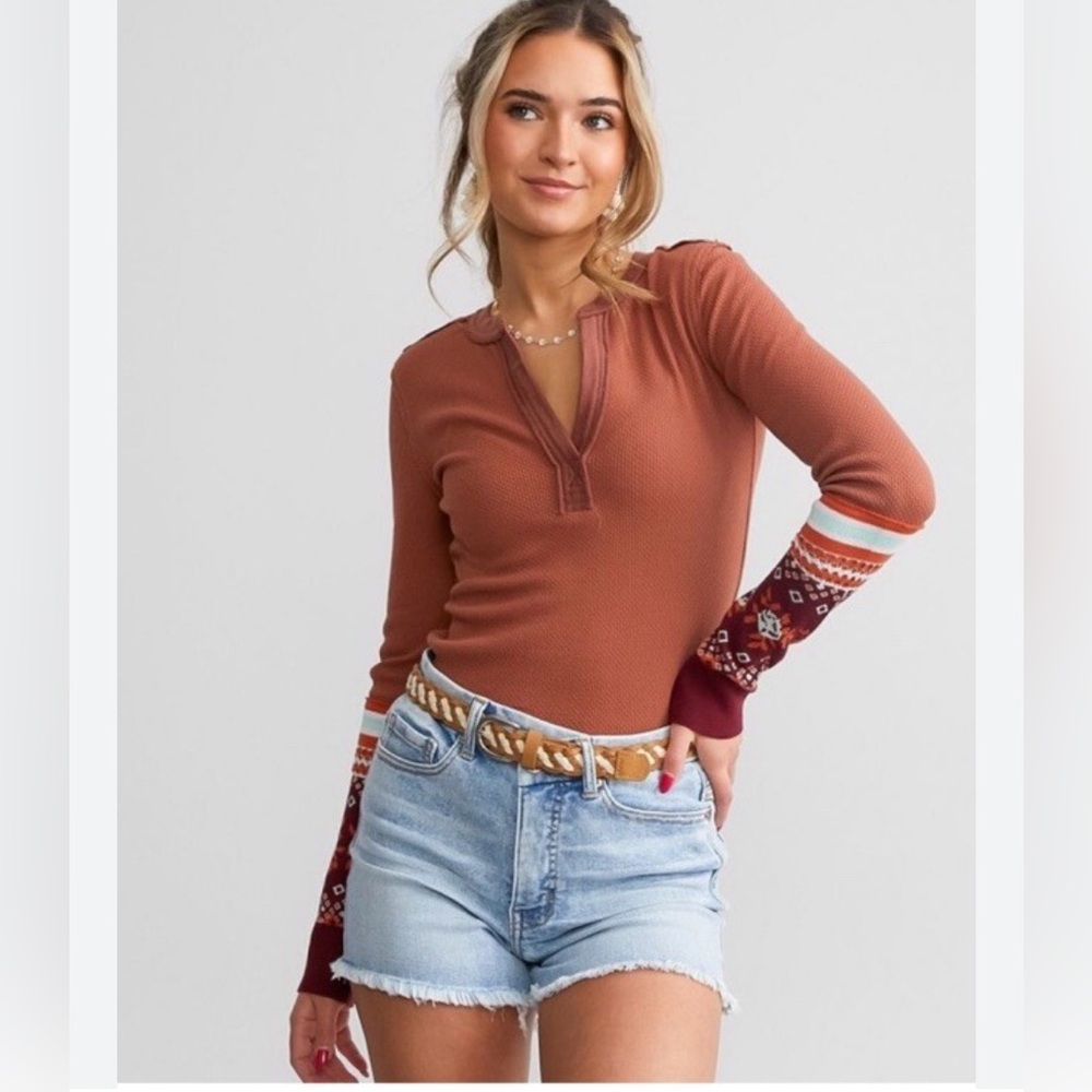 Free People Mikah Notch Neck Long Sleeve Blouse Autumn Orange Size XS Fall Boho